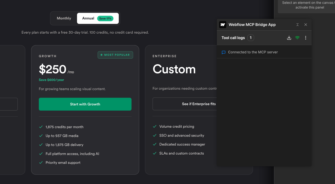 Webflow MCP bridge connection